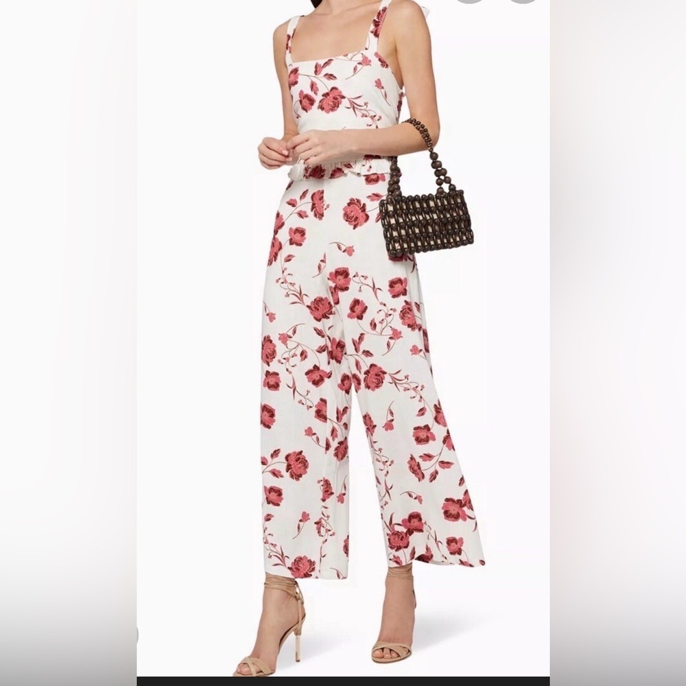Misa Los Angeles women’s Small linen blend floral pink white wide leg jumpsuit